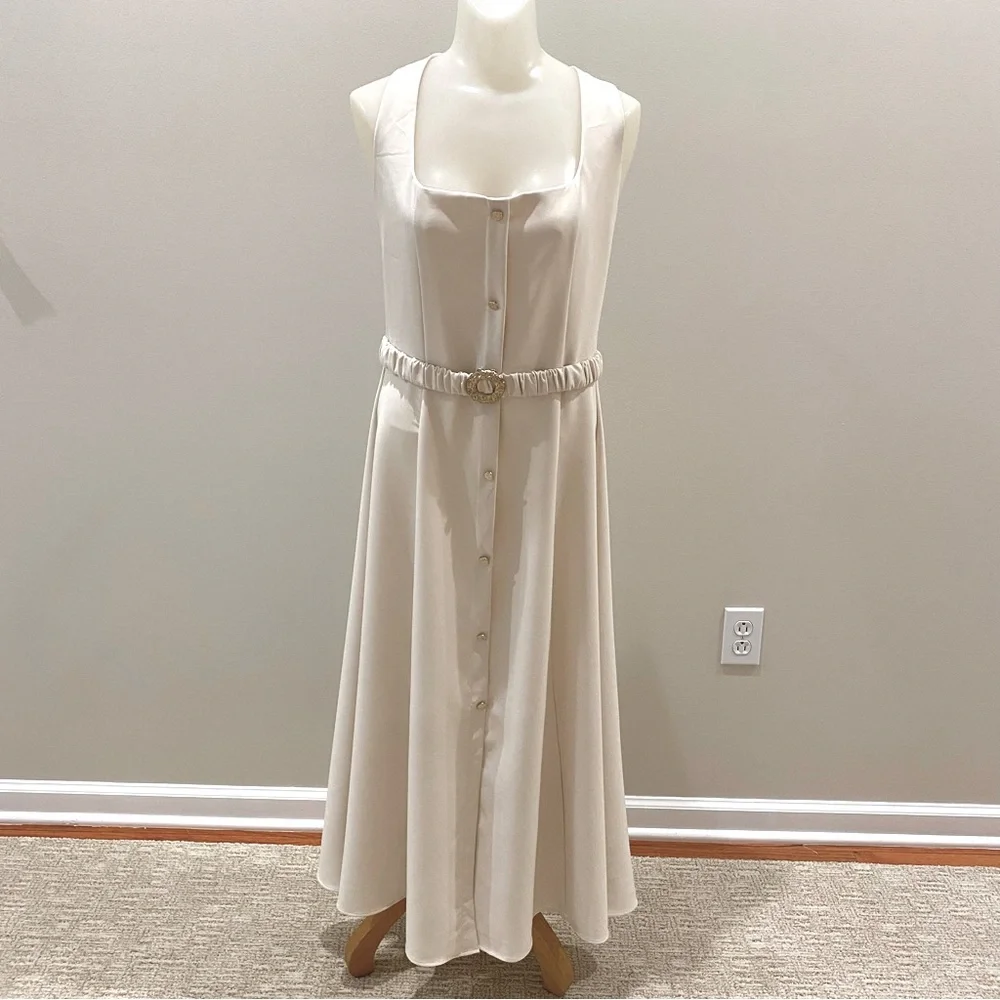 Zara NWT Cream Sleeveless Faux button Midi Dress attached Gold belt size Large - Picture 7 of 12